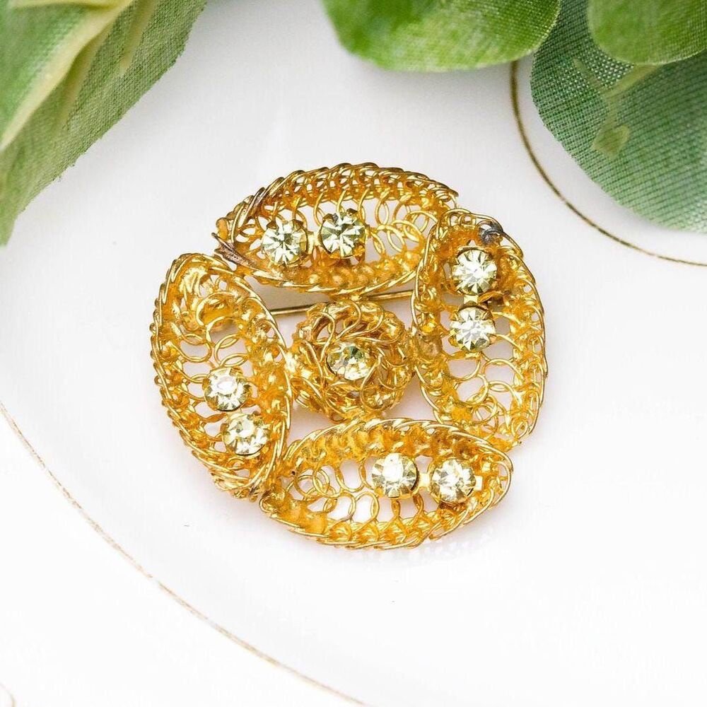 Vintage 1950s Austrian Filigree Brooch Gold Rosette Green Rhinestone Austria Pin